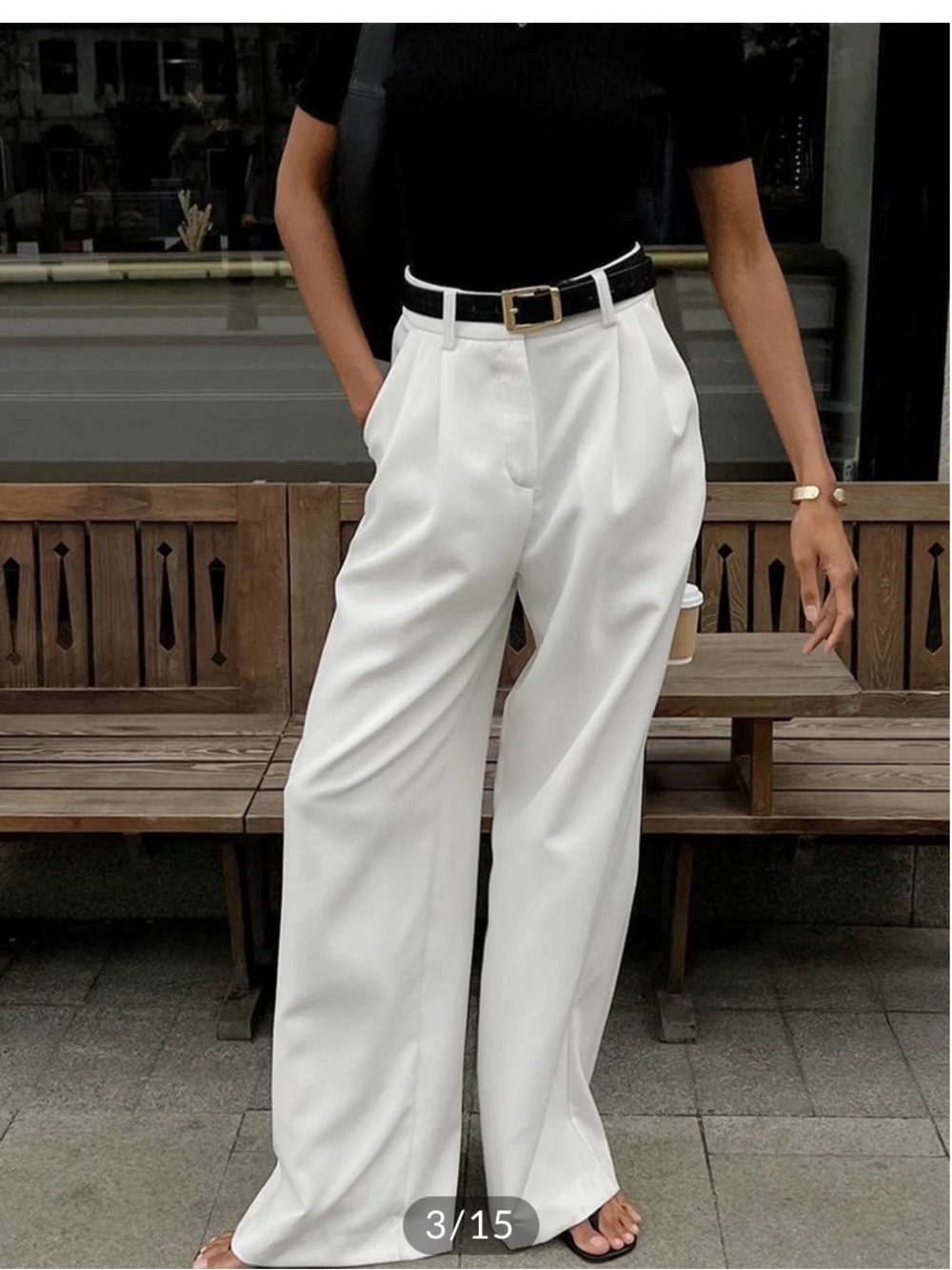 Commense -White Pleated Wide-Leg Pants - Picture 3 of 4